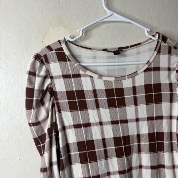 Ann Taylor Brown White Plaid Puff Sleeve Blouse - Picture 2 of 6